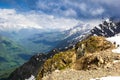 Mountain peaks and green fields