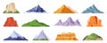 Mountain peaks isolated flat design. Cliff relief, mountains silhouette with snowy peak. Landscape green hill and rock