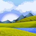 Mountain Peaks, Lake and Grassy Hills as Green Landscape Vector Illustration Royalty Free Stock Photo