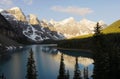 Mountain peaks and moraine lake