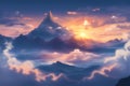 mountain peaks poking out of the clouds as the sun rises in paths generated by Ai Royalty Free Stock Photo