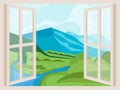 Mountain Peaks and River. Open Window with a Landscape View Royalty Free Stock Photo
