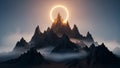 Mountain peaks shrouded in mist with a glowing solar eclipse ring overhead Royalty Free Stock Photo