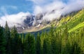 Mountain peaks are shrouded in thick fog. Summer morning in Siberian mountains