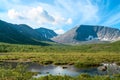 Mountain peaks and tundra at summer season. The Khibiny Massif are the highest mountains of the Kola Peninsula, northern Russia
