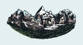 Mountain peaks, vintage rock, old highlands range. Chamonix-Mont-Blanc. Hand drawn vector Alps sketch in engraved style