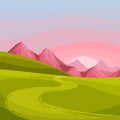 Mountain Peaks, Winding Country Road and Sunset as Green Landscape Vector Illustration Royalty Free Stock Photo