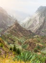 Mountain peaks in Xo-Xo valley of Santa Antao island in Cape Verde. Landscape of many cultivated plants in the valley Royalty Free Stock Photo