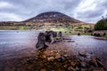 Single high mountain with pick in clouds and tree trunks in lake in Northern Ireland