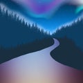 Mountain Pine Forest Landscape View with Aurora Borealis at Night Wallpaper Background Royalty Free Stock Photo