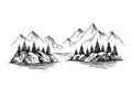 Mountain with pine trees and lake landscape. Hand drawn illustration converted to vector Royalty Free Stock Photo