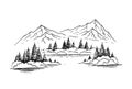 Mountain with pine trees and lake landscape. Hand drawn illustration converted to vector Royalty Free Stock Photo