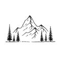 Mountain with pine trees and landscape black on white background. Hand drawn rocky peaks in sketch style. Vector Royalty Free Stock Photo