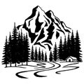 Mountain with pine trees and landscape black on white background. Hand drawn rocky peaks in sketch style. Vector Royalty Free Stock Photo