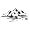 Mountain with pine trees and landscape black on white background. Hand drawn rocky peaks in sketch style. Vector