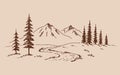 Mountain with pine trees and landscape black on white background. Hand drawn rocky peaks in sketch style. Vector illustration