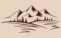 Mountain with pine trees and landscape black on white background. Hand drawn rocky peaks in sketch style. Vector illustration Royalty Free Stock Photo