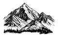 Mountain with pine trees and landscape black on white background. Hand drawn rocky peaks in sketch style. Vector illustration Royalty Free Stock Photo