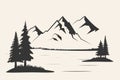 Mountain with pine trees and landscape black on white background. Vector illustration mountain with pine trees on white Royalty Free Stock Photo