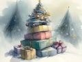 A mountain of presents piled beneath a holiday tree. AI generation