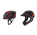 Mountain race bike and cruiser bycicle helmet realistic set. Extreme sports safety equipment. Head protection. Isolated vector