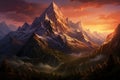 Mountain range at amazing sunset. Poster, wall art design. Ai Generative