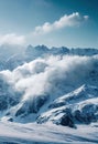 a mountain range covered in snow and clouds in the distance is a blue sky with white clouds and a few people on skis