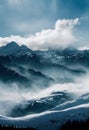 a mountain range covered in snow and clouds under a blue sky with clouds in the distance and a few trees in the foreground Royalty Free Stock Photo