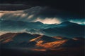 a mountain range with a dark sky and clouds above it and a road running through it Royalty Free Stock Photo