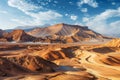 A mountain range in the desert under a clear blue sky, A surreal desert landscape with towering sand dunes and mirages Royalty Free Stock Photo