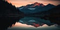 Mountain range at dusk with the sunset sky reflecting on mountain lake. AI generated. Royalty Free Stock Photo