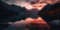 Mountain range at dusk with the sunset sky reflecting on mountain lake. AI generated. Royalty Free Stock Photo