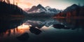 Mountain range at dusk with the sunset sky reflecting on mountain lake. AI generated. Royalty Free Stock Photo