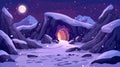 Mountain range with entrance to cave illuminated at night. Modern cartoon winter landscape with rocks, snow, moon in sky Royalty Free Stock Photo