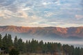 Mountain range with green pine and fog in Aso, Kumamoto, Japan