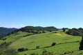 Vibrant green grass at the foot of the mountain, forest, blue sky. Idyllic, rural landscape with barn. Summer in Jura Mountains, S