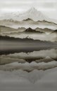Mountain range and lake illustration, with snow, mist, and reflections Royalty Free Stock Photo