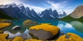 a mountain range with a lake surrounded by yellow moss and rocks in the foreground and a mountain range in the background