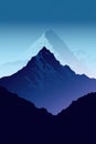 A mountain range in mininalistic silhoutte style, blue background. Generative AI