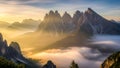 Mountain range with misty valleys at sunrise Royalty Free Stock Photo
