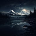 Muted Surrealism: Cho Oyu Night Landscape With Pine Trees, Lake, And River