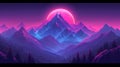 A mountain range with a pink moon in the sky, AI