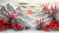 A mountain range with a red tree in the foreground Royalty Free Stock Photo
