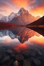 mountain range reflecting in a calm lake at sunrise Royalty Free Stock Photo