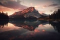 A mountain range reflecting in a calm lake at sunrise. Generative AI Royalty Free Stock Photo