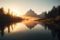 A mountain range reflecting in a calm lake at sunrise. Generative AI Royalty Free Stock Photo