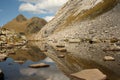 Mountain range reflecting on lake in Pyrenees Royalty Free Stock Photo