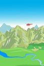 Mountain Range And Rescue Helicopter. Vector Background. Mountain View. Mountain Creek.