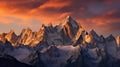 Mountain range rugged peaks bathed in warm, golden hues at sunset