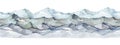 Mountain range seamless border. Watercolor painted illustration. Hand drawn snowy high hills and cliffs. Rocky mountains